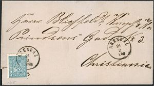 14. To komplette brev, begge frankert med 4 skill 4, og begge stemplet "Arendal". Hhv. Med små bokstaver i 1868 og store i 1869.