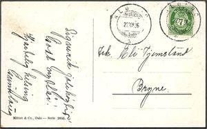 119. 7 øre posthorn på postkort, annullert med hjelpestempel "Ålgård 22.12.36" (RO).