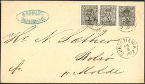 11. 1 skill 1 i horisontal 3-stripe på brevomslag, stemplet "Christiania 28.9.1872".