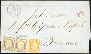 Venezuela/France. Two 30 c and one 40 c on complete letter, dated "La Guayra 4 Des. 1874, cancelled with "Anker and dots" and at side "PD" and "La Guaira 7 Des 74" and sent to Bordeaux. "Venezuela Paq.Fr. A No 3" at reverse..