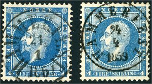 4. To 4 skilling Oscar, begge pent stemplet "Hammerfest", med hhv. det store og det lille stempelet i "1861" og "1859".