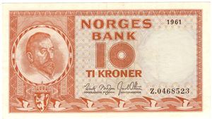10 kroner 1961 Z.0468523 erstatningsseddel. Kv.1+
