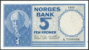 5 kroner 1955, serie A.7580488. 0