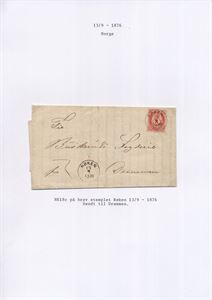 NK 18 C Brev med 3 skill ph. Brunlig karmin meget pent st. Røken 13/9-1876, sendt til Drammen