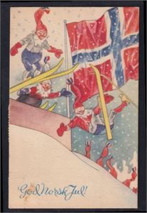 Julekort. Nisse i hoppbakken. Sign. Frank Watne.