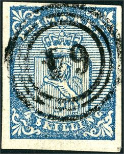 1. 4 skilling våpen 1855, anert med nummerstempel "64" (Fede, VA, 8 pkt). Normale- til litt smale marger.