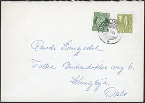 20 øre og 45 øre Bruksmerke på konvolutt, anert med hjelpestempel "Espelandsmyr 5.4.69".