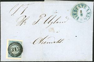 1. 4 skilling våpen 1855 på komplett brev, annullert med trerings "315" og ved siden stemplet "Tvedestrand 8.8.1856". Merket med tre gode marger, smal i høyre side.