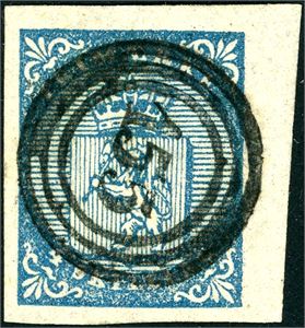 1. 4 skilling våpen 1855, anert med nummerstempel "155" (Kobbervig, RO,). Del av arkrand i høyre side, de øvrige er også gode.