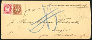 18,21. 10 skillings innenlandsporto. 3 skilling- og 7 skilling Posthorn på brevomsalg, sendt rekommandert "Lillesand 7.5.1875". På baksiden stemplet "Lillesand 8.5.1875" og "Christianssand 9.5.1875".