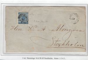 F2m 4 skill b:co på brev avstämplat Skenninge 16.6.1858, intyg H.O.W, "mycket gott objekt", 3,3,4,3
