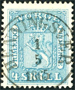 8 II. 4 skill, rettvendt fullstemplet "Henningsvær 1.5.1865".