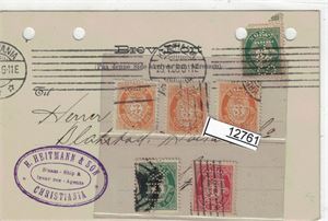 PERFIN "H.H.& S" lot 5 forskjellige + brevkort med flott gjennomhulling og firmastempel. Frimerket ødelagt av arkivhull