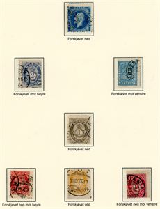 Nær 70 merker, alle med forskjøvet sentrering eller forskjøvet perforering. Også noen merker som er ekstra smale eller ekstra brede. Hovedsakelig merker fra 1909-serien.