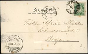 76. 5 øre Posthorn på postkort, annullert med 4-rings "612" (D/S Ternen, skipsrute, MØ), og ved siden stemplet "Aalesund" og ved ankomst "Bergen 15.121.1903". Kortet med motiv fra Volden og er datert "13-12-03".