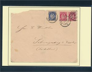 Nk 77 II x2 og 79 på dobbeltvektig brev stemplet "KRISTIANIA 6 IX 02" til Schwarzenberg. Kun brevfront. Oppgitt: 1 kjent