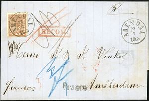 10. 24 skill på brevomslag til Amsterdam, stemplet "Arendal 22.7.1864". Baksiden med stempler fra "Sandøsund". "Lübeck" og "Amsterdam". Adressatens navn er skåret ut og pent restaurert i ettertid.