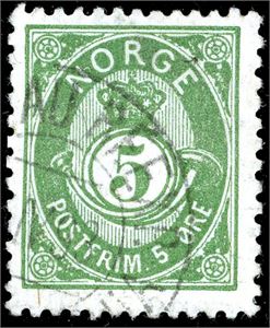52 IV B. 5 øre 20 mm tagget 13 1/2 * 12 1/2, lettstemplet "Bureau Reexp. De Kristiania" i april 1893.