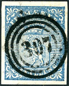 1. 4 skilling våpen 1855, anert med nummerstempel "307" (Thrygstad, ØF, 7 pkt). Normale marger.