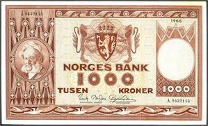 1000 kroner 1966, serie A.2632145. 1-