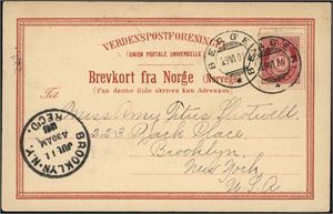 Dekorativt postkort "Det Nordenfjeldske Dampskibsselskab/Norcap", stemplet "Bergen 29.6.01" og sendt til New York.
