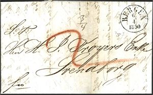 Komplett betalt brev (3/4 lod), stemplet "Bergen 6.4.1850" (t.1) og sendt til Svendborg, Danmark. Påskrevet "2" (Rbs) i rødt for utbæringen.