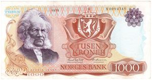 1000 kroner 1975 X.0094345 erstatningsseddel. Kv.1+/01