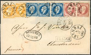 2,4,5. 32 skillings porto til Holland. To 2 skilling-, tre 4 skilling- og to 8 skilling Oscar på brevomslag til Amsterdam, stemplet "Arendal 4.12.1862". Ved siden stemplet "Svinesund" og "Hamburg". Baksiden med "KDOPA Hamburg" samt ankomststempel. Omslaget er noe beskåret og adressatens navn er skåret ut og pent restaurert.