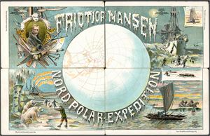 Fridjof Nansen Nord Polar Expedition. De 4 dekorative kortene som kan settes sammen til et stort motiv. Kunst Anstalt Rosenblatt Frankfurt a/M. Alle kortene med en hjørnebrett. K-3