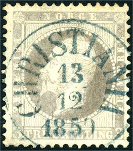 3. 3 skilling Oscar, rettvendt stemplet "Christiania 13.12.1859" i blå farge.