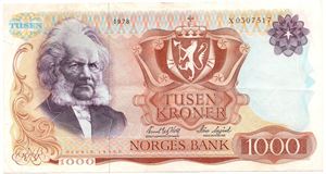 1000 kroner 1978 X.0307517 erstatningsseddel. Kv.1