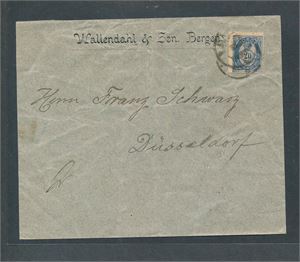 Nk 54 IV på brev til Tyskland stemplet "BERGEN 6 IV 93". Vertikal brett