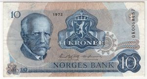 10 kroner 1972 QK. Erstatningsseddel. Gradert til 30 very fine hos PMG. Kv.1