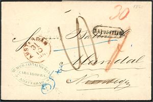 27 ufrankerte og 2 frankerte eldre brev, de fleste er sendt i fra utlandet til Mandal.