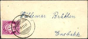 5 øre posthorn på liten visittkortkonvolutt, annullert med hjelpestempel "Flateby 9.11.44" (AK).