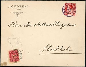 77,Spitbergen nr 2. 10 øre Posthorn on envelope from "Lofoten V.D.S.", cancelles "Nordlands Postexp. E  22.8.96". One 20 øre Spitzbergen-stamps in upper right corner, cancelled "Advent Bay 1896". The envelope is written by the Swidish explorer Salomon Andree and sent to Dr Arthur Hazelius. Swedish railway cds and arrival postmark at reverse. Two small spots on the envelope, do not touch the stamps.