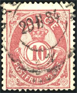 38 yX. 10 øre posthorn 1883 på Bentse papir. Lettstemplet. Vm.st.4. Uttalelse Enger.