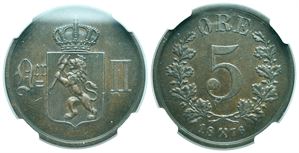 5 øre 1876 Oscar II. Kv.01