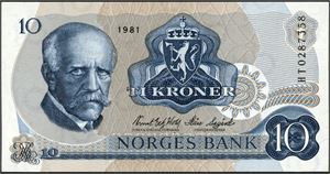 10 kroner 1981, serie HT 0287358. Erstatningsseddel. 0