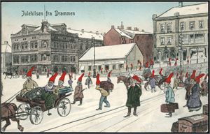 Julehilsen fra Drammen. Flott Nisse-kort, brukt i 1908. K-1