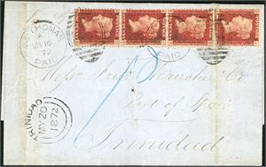Z 3/44. DWI. A complete letter from Caracas, Venezuela, privately carried to St. Thomas, franked with a vertical strip of 4 of the 1d red (pl 120), cancelled with duplex "St. Thomas A My 16 72 Paid, C 51". Arrival cds "Trinidad My 20 1872" at side. A vertical crease goes through the upper stamp.