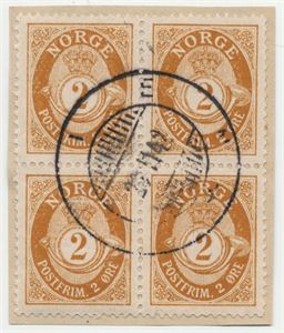 Hjelpestempel SKIEN (TE) HJ-SA 2? 11 42 på klipp 4-blokk NK 97.