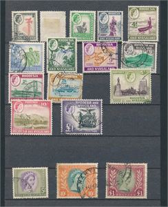 RHODESIA & NYASALAND o Mi 14-16 og 19-33, bruksmerker. Mi 14 litt misfarget (€ 190)