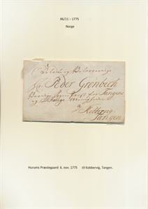 Prefil Helbrev fra Hurums Prestegaard 6. november 1775, sendt fra Sogneprest Jens Mørch i Hurum til Peder Grønbech som var sogneprest for Tangen og Skoger fra 1773 til 1802.