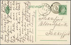 5 øres Brevkort med 4-rings "112" (Fjone, Nissedal, TE) og ved siden stemplet "Nissedal 14.2.12".
