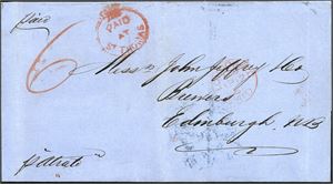 DWI. Entire with "Paid At St. Thomas" postmark in red at front together with postagenumber "6" and transitt cds "London Paid C5 AP 12 61". "St. Thomas Mr 28 1861 " and a blue English postmark "AP 13" at reverse. Two of the flaps on the letter are cut of.