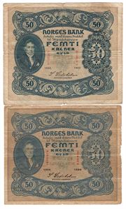 50 kroner 1922 A. og 1934 B. Kv.1-/2