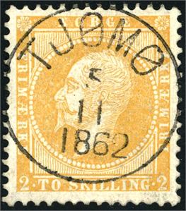 2. 2 skilling Oscar, vakkert fullstemplet "Tjømø 5.11.1862". Attest FCM.