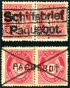 62. 10 øre grovtagget Centraltrykkeriet i horisontalt par, anert med "Schiffsbrief Paquebot " med vertikal perfins "P.R.". Også et par med 10 øre fintagget som er anert med linjestempel "Paquebot" samt blekkryss.