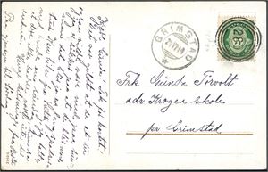 99. 5 øre Posthorn på postkort, anert med 4-rings "285" (Lien, Fjære, AA), og ved siden stemplet "Grimstad 24.6.10".